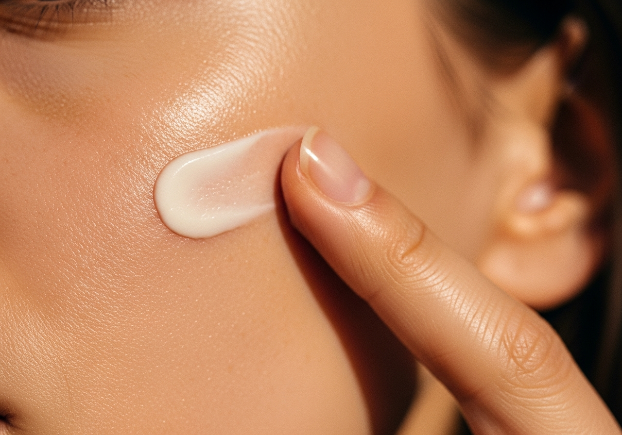Finger massaging Cashmere cream into skin — macro beauty shot