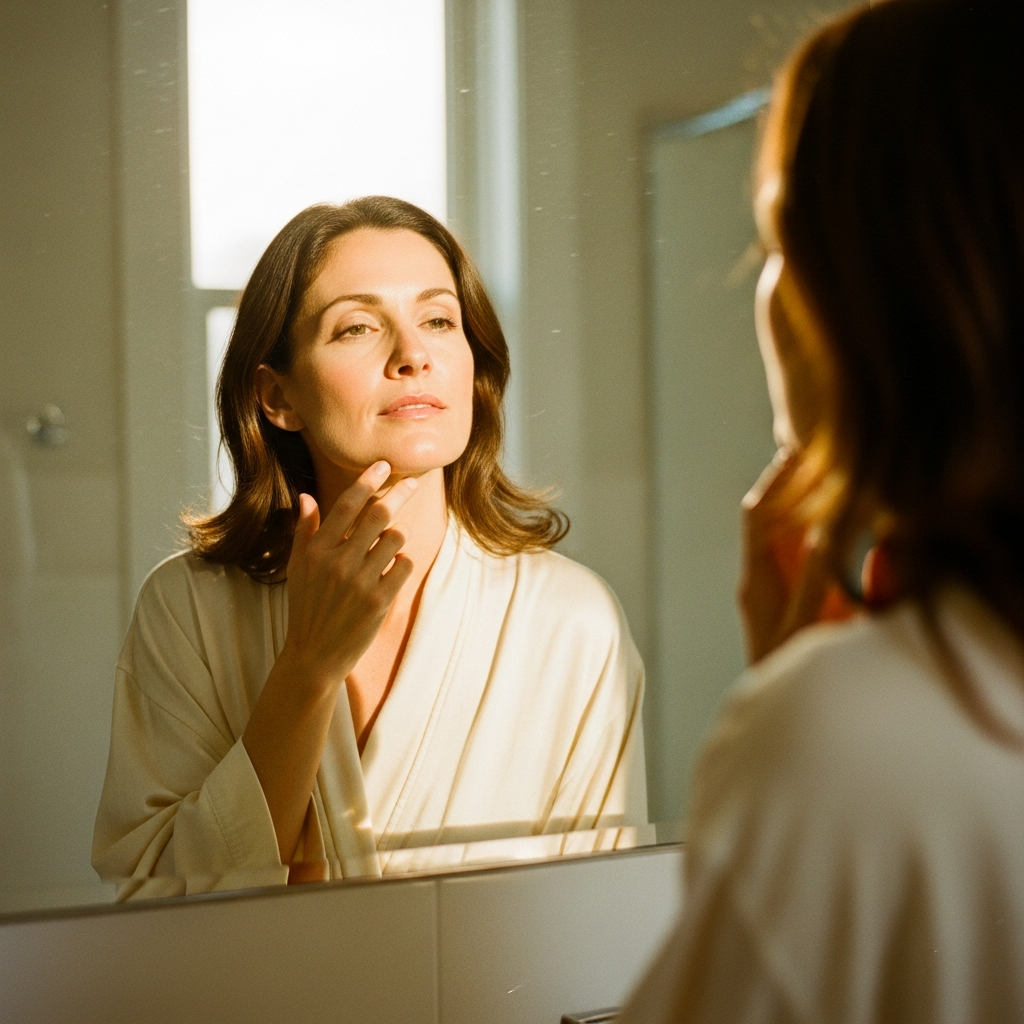 Confident woman in her late 30s touching her jawline in golden morning light