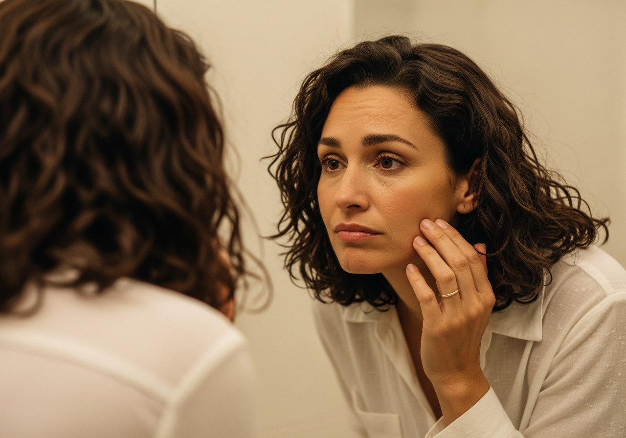 Woman examining skin in mirror