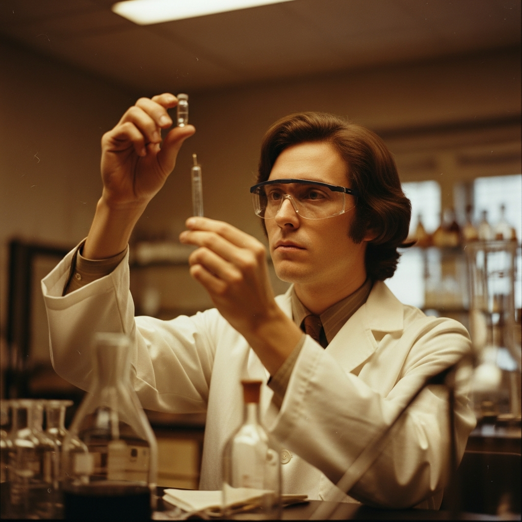 1970s researcher examining a vial in a warm laboratory