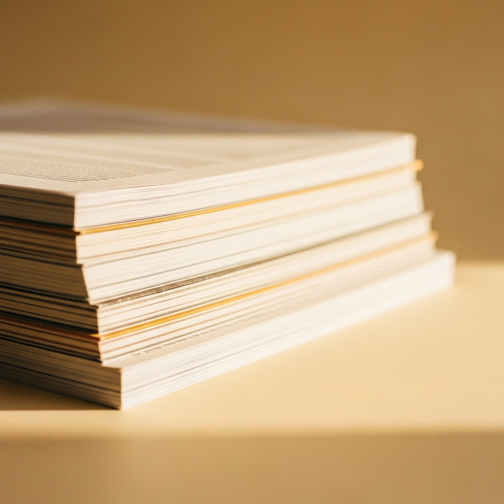 Stack of academic research journals in warm light